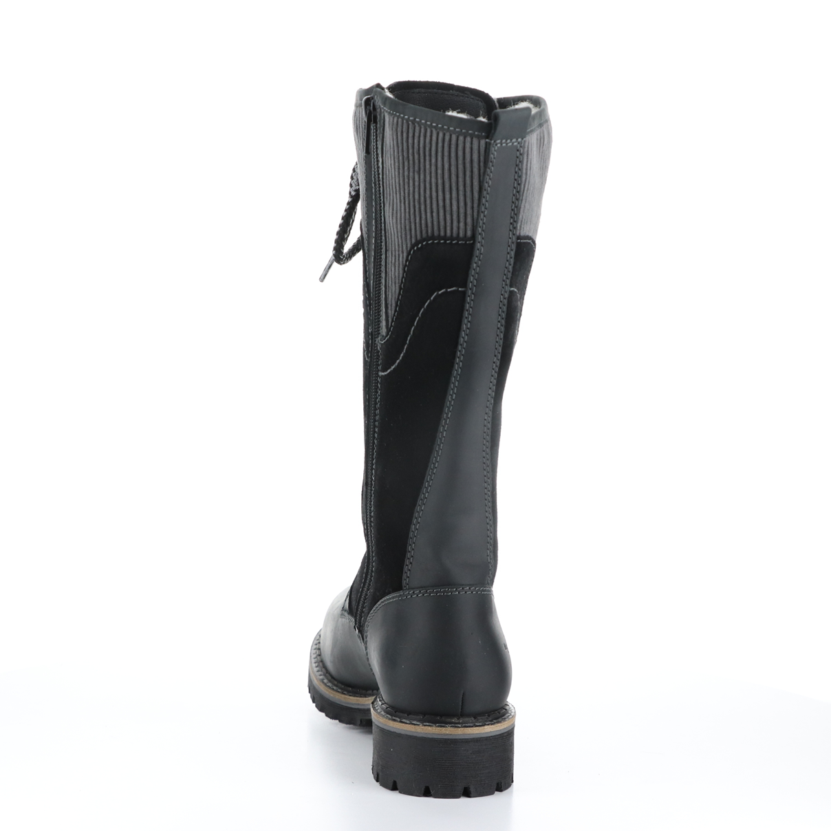 Back view of the bos & co harrsion boot in the color black/grey. This boot is calf-height. It has a lace up front and panels of suede leather, burnished leather, and corduroy.  The inner side of this boot has a zipper.