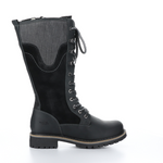 Load image into Gallery viewer, Outer side view of the bos &amp; co harrsion boot in the color black/grey. This boot is calf-height. It has a lace up front and panels of suede leather, burnished leather, and corduroy. 
