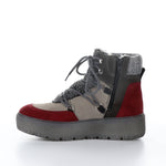 Load image into Gallery viewer, inner side view of the bos &amp; co ideal zip up bootie. This boot has grey, anthracite, and sangria colored suede panels and sherling upper. The boot also has a platform sole, a lace up front, and an inner side zipper..
