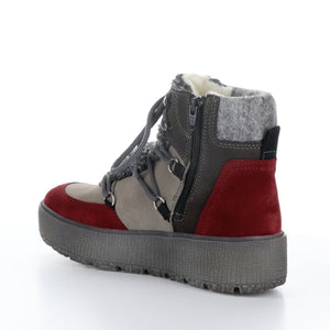 inner back side view of the bos & co ideal zip up bootie. This boot has grey, anthracite, and sangria colored suede panels and sherling upper. The boot also has a platform sole, a lace up front, and an inner side zipper..
