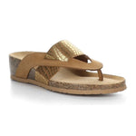 Load image into Gallery viewer, Outer front view of the bos &amp; co labelle sandal in brandy. This shoe has both a band that goes over the instep in gold and a brown thong band. The sandal also has a slight wedge and a cork sole.
