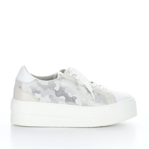 Outer side view of the the bos & co mardi sneaker. This sneaker is white with grey/silver camo on the sides. The sneaker has a platform sole and a lace up front.