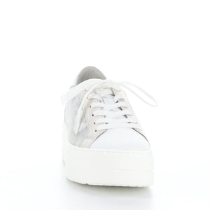 Front view of the the bos & co mardi sneaker. This sneaker is white with grey/silver camo on the sides. The sneaker has a platform sole and a lace up front.