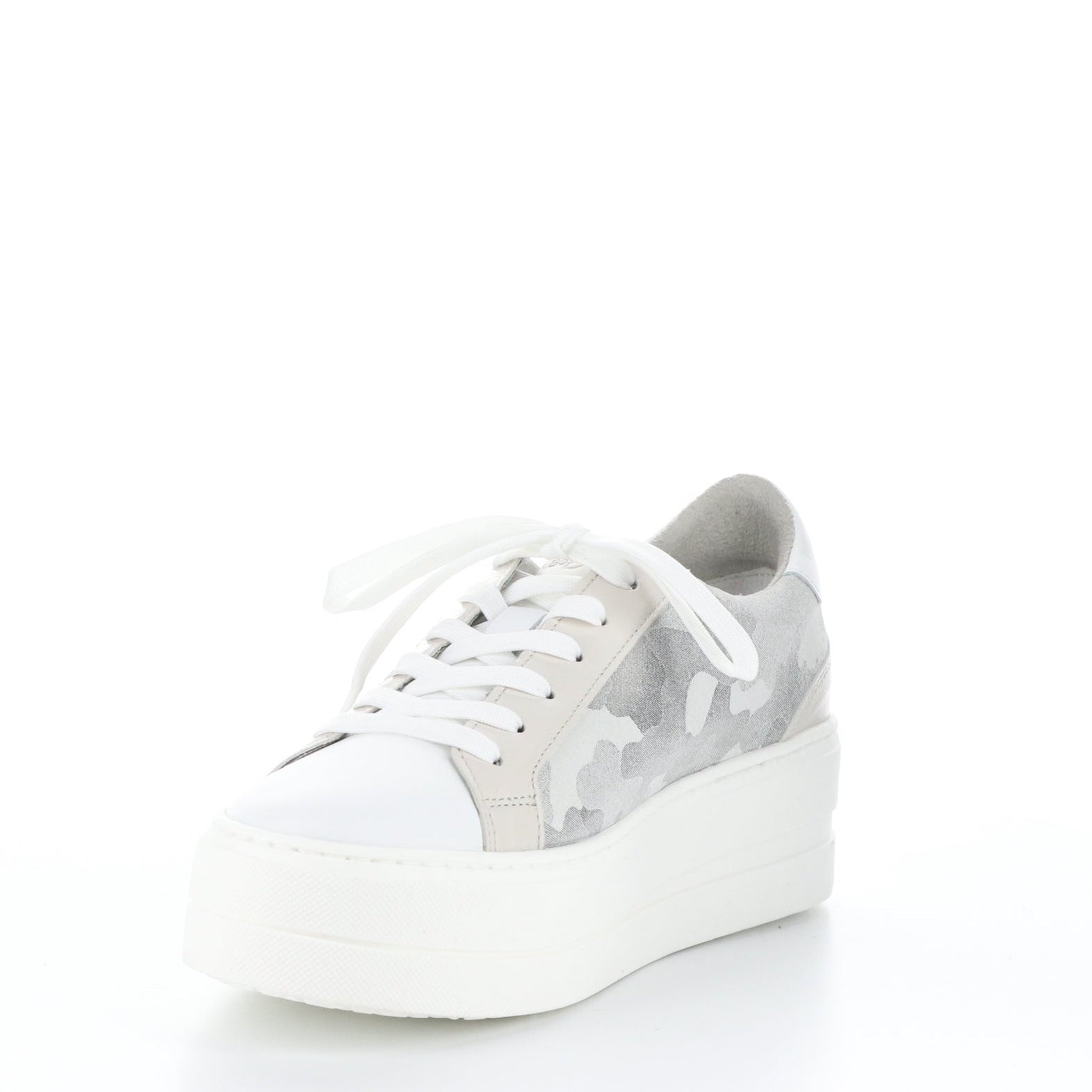 Front inner side view of the the bos & co mardi sneaker. This sneaker is white with grey/silver camo on the sides. The sneaker has a platform sole and a lace up front.