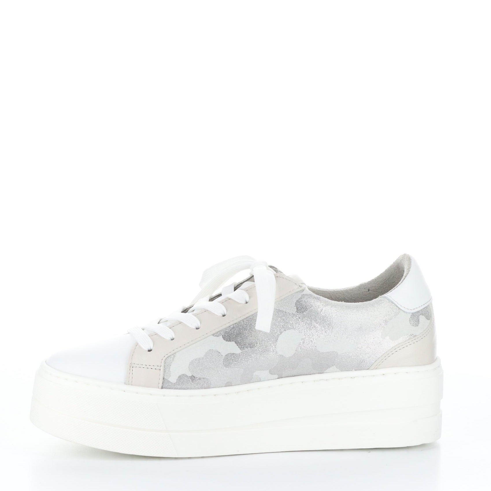 Inner side view of the the bos & co mardi sneaker. This sneaker is white with grey/silver camo on the sides. The sneaker has a platform sole and a lace up front.