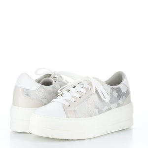 A pair of the the bos & co mardi sneaker. This sneaker is white with grey/silver camo on the sides. The sneaker has a platform sole and a lace up front.