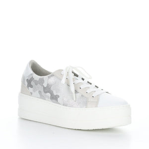 Front outer side view of the the bos & co mardi sneaker. This sneaker is white with grey/silver camo on the sides. The sneaker has a platform sole and a lace up front.