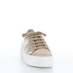 Load image into Gallery viewer, Front of the bos &amp; co monic sneaker. This sneaker is beige with crinkled metallic sides, white and silver side stripes, a lace up front, and a platform sole.

