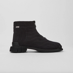 Load image into Gallery viewer, Outer side view of the camper pix tencel boots. These boots are black with a textile fabric upper that have a curved pattern. The boots have a rubber sole and a zipper in the front.
