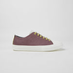 Load image into Gallery viewer, Outer side view of the right foot of the camper twins sneaker. The outer side of the right foot is purple with a white toe and sole. The laces are mustard colored.
