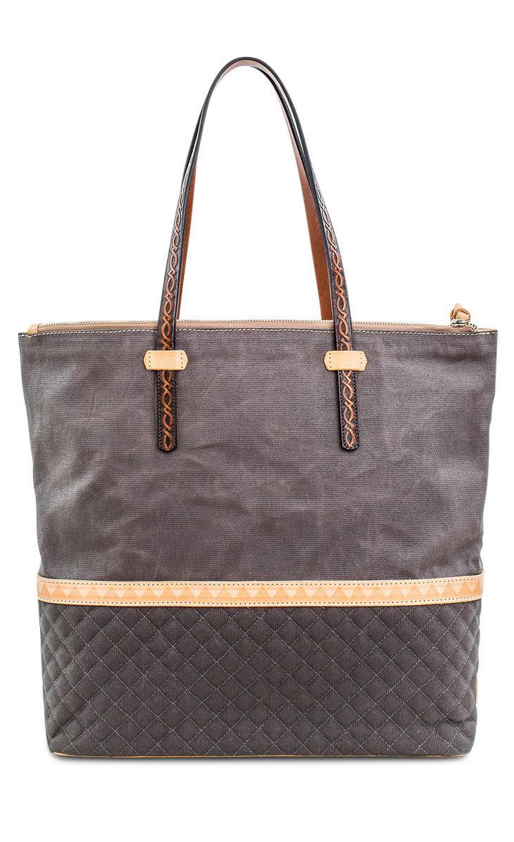 Back view of the consuela silverlake market tote. This tote is grey with a quilted like bottom and light tan trim. The straps are thin. 