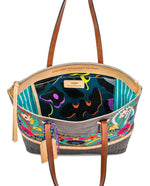 Load image into Gallery viewer, Top view of the consuela silverlake market tote open. This tote is grey with a quilted like bottom and light tan trim. The straps are thin. On the front of the tote is blue pink and orange floral embroidery. Inside the bag is a multicolored interior. This bag also has a zipper compartment for a laptop
