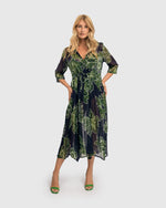 Load image into Gallery viewer, Front, full body view of a woman wearing the Alembika Royal/Green Ava Chiffon Maxi Dress
