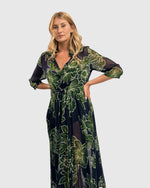 Load image into Gallery viewer, Front, top half view of a woman wearing the Alembika Royal/Green Ava Chiffon Maxi Dress
