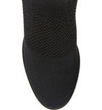 Load image into Gallery viewer, Birdseye close up view of the eileen fisher alas knit boot. This black boot has a knitted fabric upper and an almond toe
