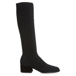 Load image into Gallery viewer, Outer side view of the eileen fisher alas knit boot. This black boot comes up below the knee. It has a knitted fabric upper and a low block heel
