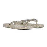 Load image into Gallery viewer, Front right side view of the ilse jacobsen cheerful flip flops. These flip flops are gold with gold straps that are decorated with glitter stones.
