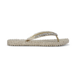 Load image into Gallery viewer, Outer side view of the ilse jacobsen cheerful flip flops. These flip flops are gold with gold straps that are decorated with glitter stones.
