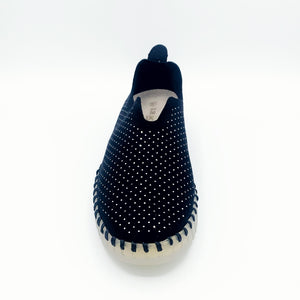 Front view of the Ilse Jacobsen flat shoe in black. This shoe has a gummy sole. The upper features perforated holes and sparkles