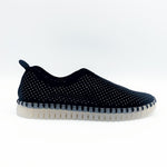Load image into Gallery viewer, Outer side view of the Ilse Jacobsen flat shoe in black. This shoe has a gummy sole. The upper features perforated holes and sparkles

