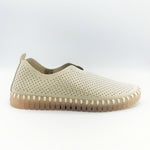 Load image into Gallery viewer, Outer side view of the Ilse Jacobsen flat shoe in creme. This shoe has a gummy sole. The upper features perforated holes and sparkles
