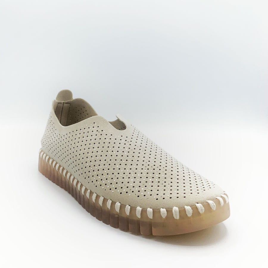 Front Outer side view of the Ilse Jacobsen flat shoe in creme. This shoe has a gummy sole. The upper features perforated holes and sparkles