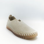 Load image into Gallery viewer, Front Outer side view of the Ilse Jacobsen flat shoe in creme. This shoe has a gummy sole. The upper features perforated holes and sparkles
