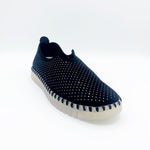 Load image into Gallery viewer, Front Outer side view of the Ilse Jacobsen flat shoe in black. This shoe has a gummy sole. The upper features perforated holes and sparkles
