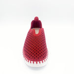 Load image into Gallery viewer, Front view of the ilse jacobsen tulip flat in deep red. This flat shoe has a white sole and a scale-like red upper. The upper is perforated with tiny holes all over it.
