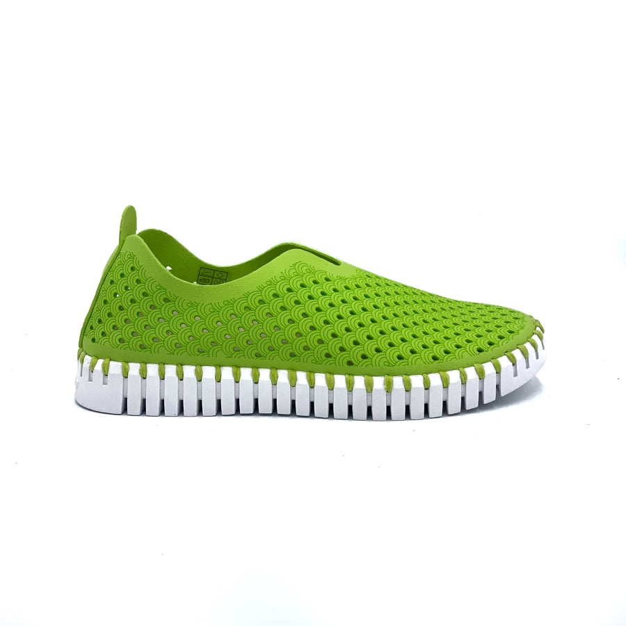 Outer view of the ilse jacobsen tulip shoe in light green. This flat shoe covers the entire foot and has perforate holes all over it. The sole is white. 