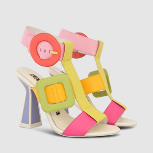 outer side view of a pair of the kat maconie deliz high-heel sandal in multibrights
