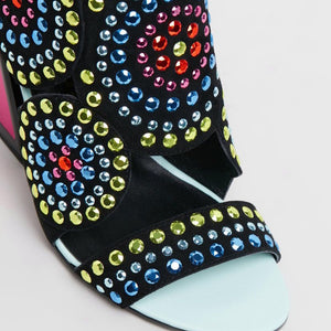 Front, close up view of the kat maconie frida multibrights high heels. This shoe is black with multicolored rhinestones arranged in circles. The toe bed is open. 