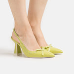Load image into Gallery viewer, outer side view of a pair of the kat maconie Kacy high heel in the color celery.
