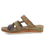 Load image into Gallery viewer, Inner side view of the l&#39;artiste caiman sandal. This sandal is camel colored with multicolored flowers embossed on it. The sandal has three straps and an open toe. The sandal also has a slight wedge
