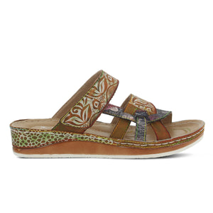 Outer side view of the l'artiste caiman sandal. This sandal is camel colored with multicolored flowers embossed on it. The sandal has three straps and an open toe. The sandal also has a slight wedge