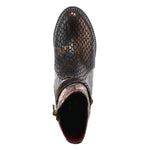 Load image into Gallery viewer, Birdseye view of the l&#39;artiste daydream bootie. This bootie is black with a floral snakeskin print and a fish-scale multi color print. This bootie has an almond toe and a thin leather strap around the ankle.
