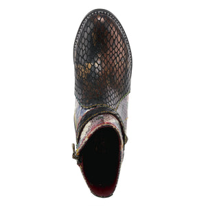 Birdseye view of the l'artiste daydream bootie. This bootie is black with a floral snakeskin print and a fish-scale multi color print. This bootie has an almond toe and a thin leather strap around the ankle.