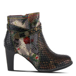 Load image into Gallery viewer, Outer side view of the l&#39;artiste daydream bootie. This bootie is black with a floral snakeskin print and a fish-scale multi color print. This bootie has a high heel and a thin leather strap around the ankle.
