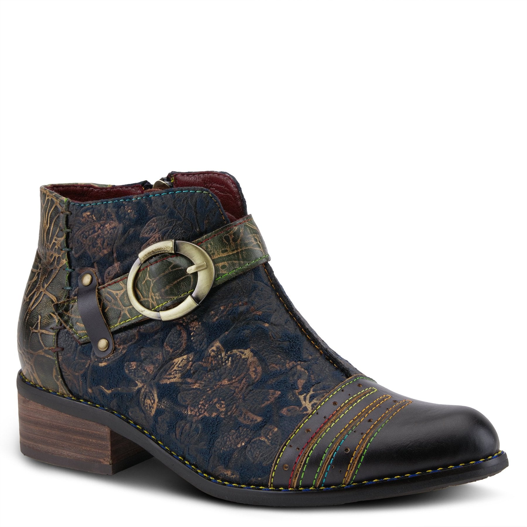 Outer front side view of the l'artiste georgiana boot. This boot is blue multi with a subtle gold floral print and a decorative buckle strap across the front.