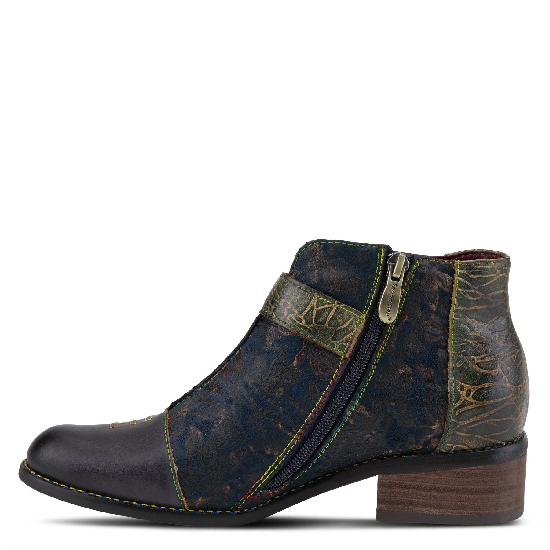 Inner side view of the l'artiste georgiana boot. This boot is blue multi with a subtle gold floral print and an inner zipper.