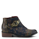 Load image into Gallery viewer, Outer side view of the l&#39;artiste georgiana boot. This boot is blue multi with a subtle gold floral print and a decorative buckle strap across the front.

