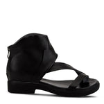 Load image into Gallery viewer, Outer side view of the l&#39;artiste gladiator sandal in black. This sandal covers the heel and ankle with a black folded leather. The instep is covered with a strap that goes over it and another strap that goes over the toes.
