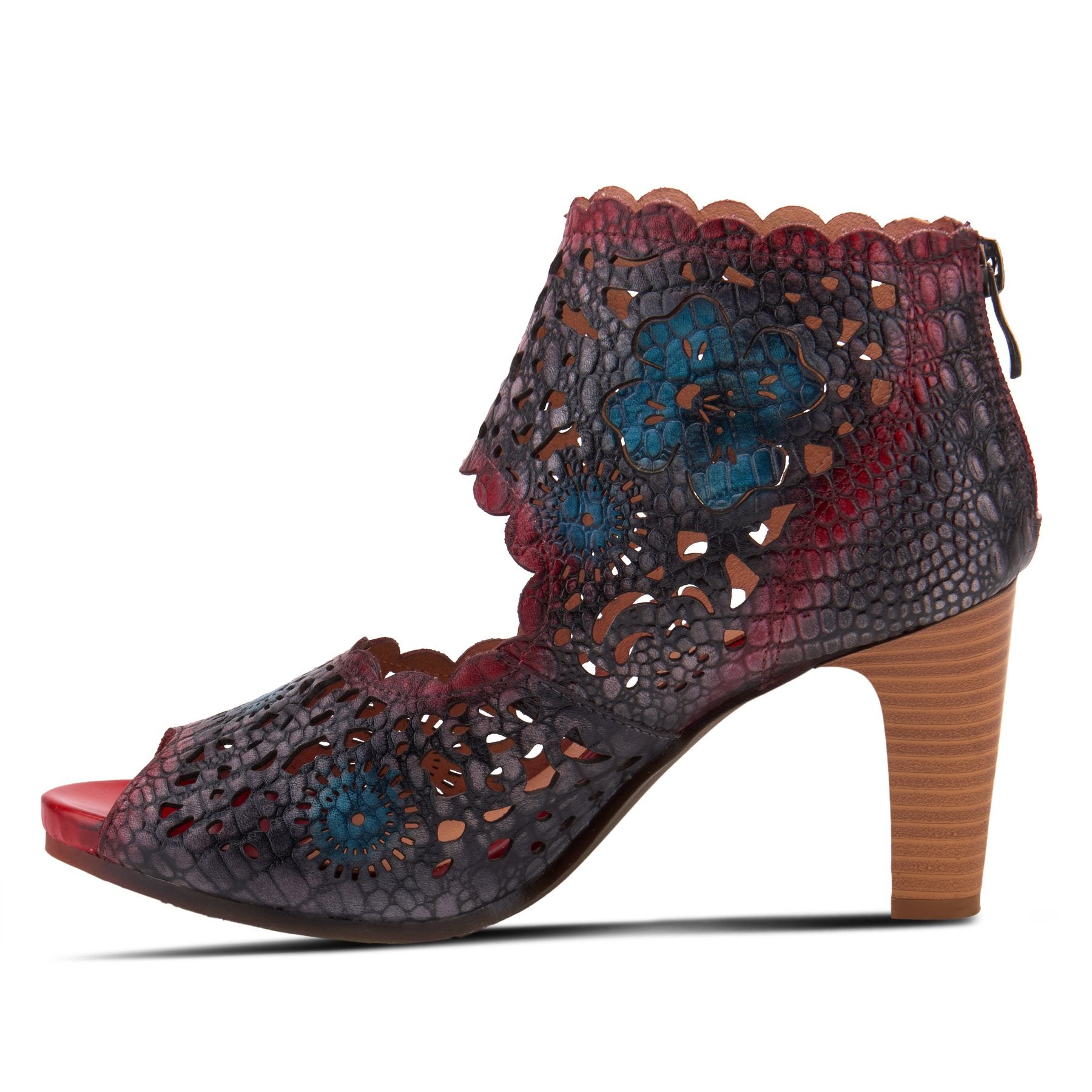 Inner side view of the l'artiste loverlee high heel sandal. This sandal is purple, blue, and red. It has laser cutout flower designs all over it and scalloped edges. The shoe is open toe and exposes the instep of the foot while covering the rest.