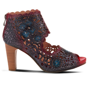 Outer side view of the l'artiste loverlee high heel sandal. This sandal is purple, blue, and red. It has laser cutout flower designs all over it and scalloped edges. The shoe is open toe and exposes the instep of the foot while covering the rest.
