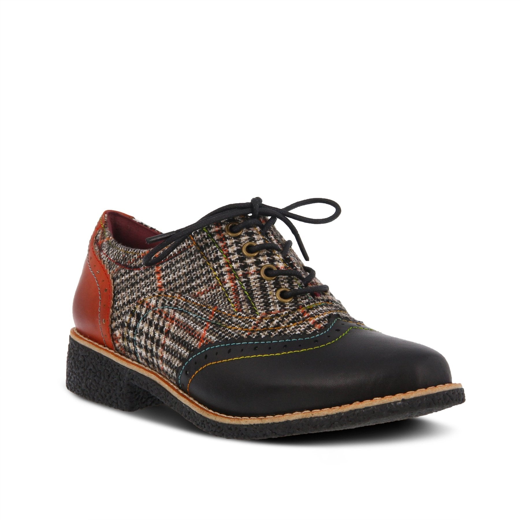 Outer front side view of the l'artiste muggiasti shoe. This oxford shoe has a lace up front, red leather on the heel, black leather over the toes, and a mix of red and black plaid fabric in between.
