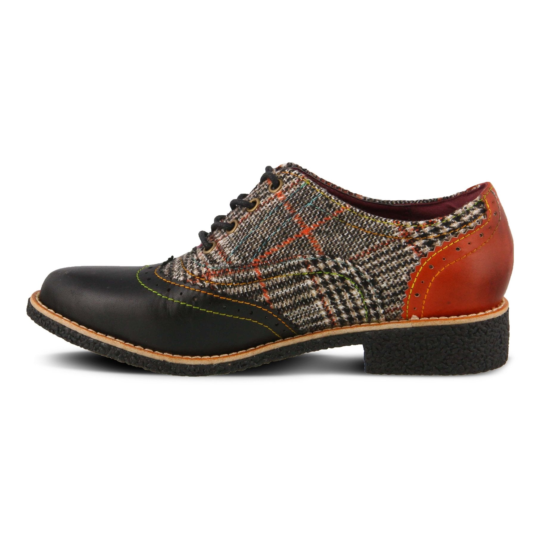 Inner side view of the l'artiste muggiasti shoe. This oxford shoe has a lace up front, red leather on the heel, black leather over the toes, and a mix of red and black plaid fabric in between.