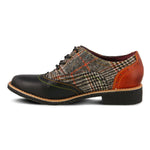 Load image into Gallery viewer, Inner side view of the l&#39;artiste muggiasti shoe. This oxford shoe has a lace up front, red leather on the heel, black leather over the toes, and a mix of red and black plaid fabric in between.
