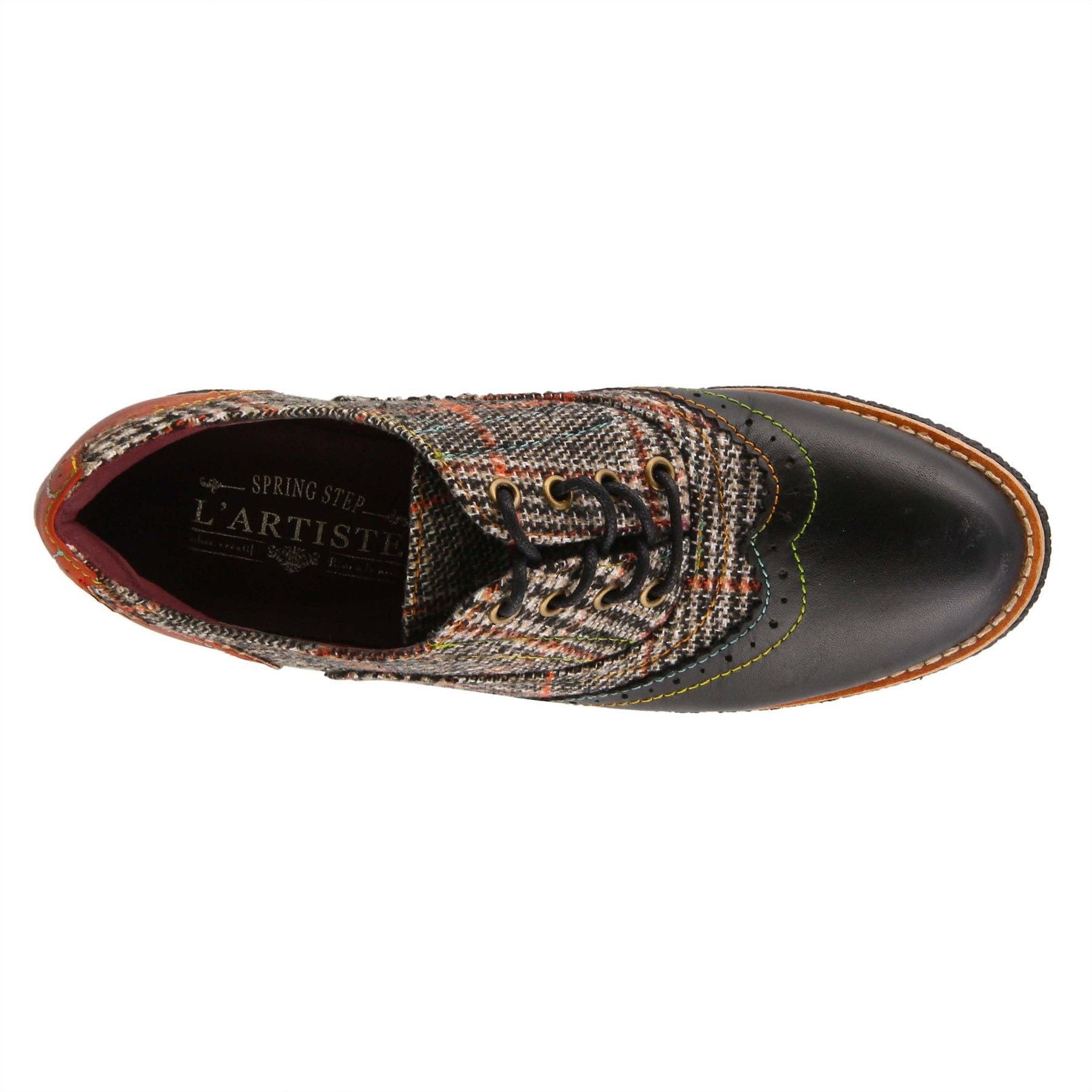 Birdseye view of the l'artiste muggiasti shoe. This oxford shoe has a lace up front, red leather on the heel, black leather over the toes, and a mix of red and black plaid fabric in between.