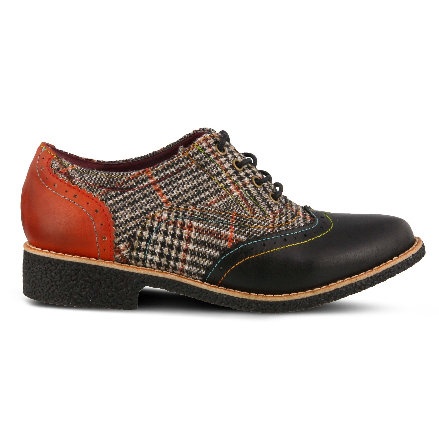 Outer side view of the l'artiste muggiasti shoe. This oxford shoe has a lace up front, red leather on the heel, black leather over the toes, and a mix of red and black plaid fabric in between.