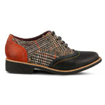 Load image into Gallery viewer, Outer side view of the l&#39;artiste muggiasti shoe. This oxford shoe has a lace up front, red leather on the heel, black leather over the toes, and a mix of red and black plaid fabric in between.
